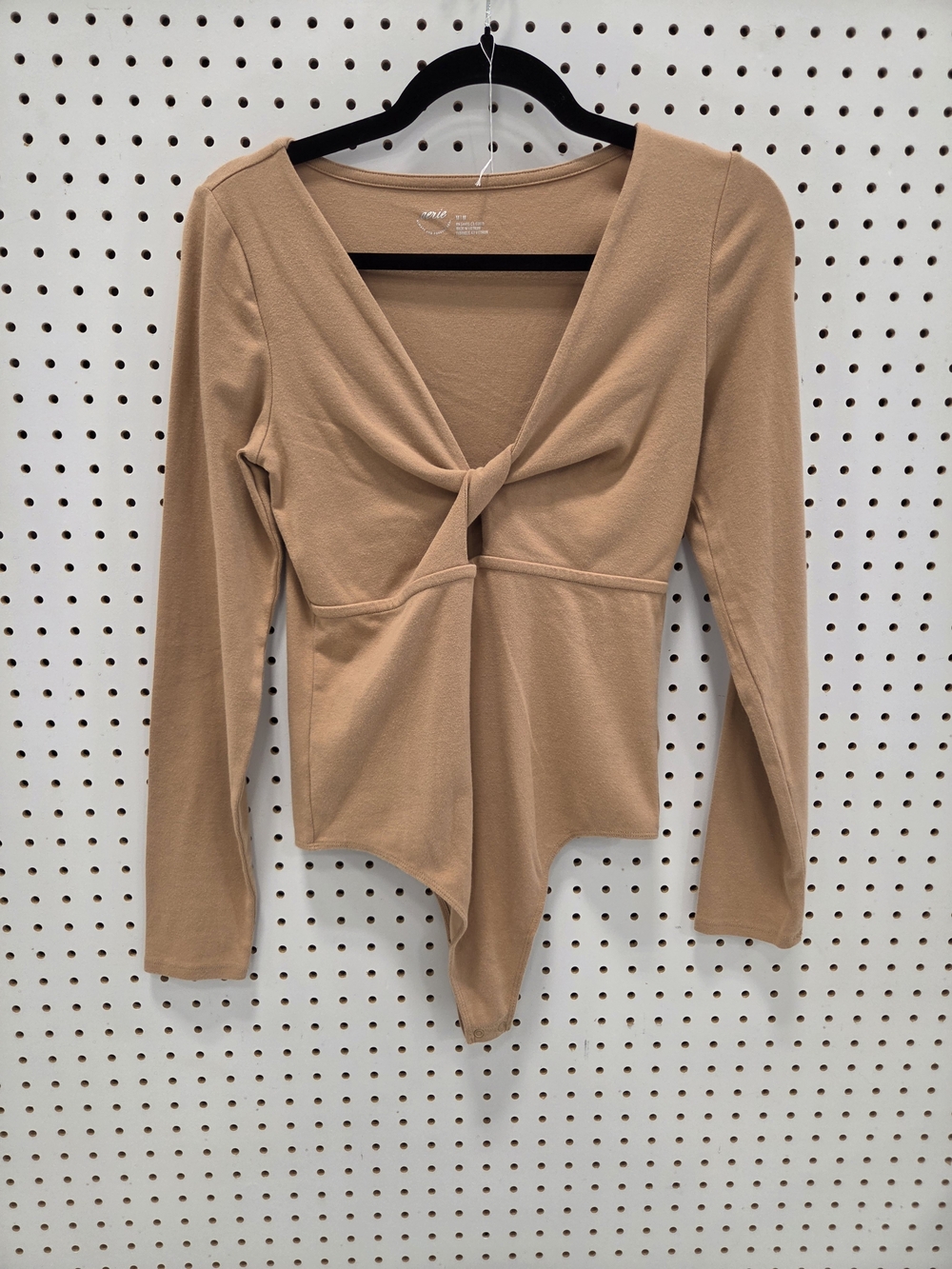 Women’s Long-Sleeve Twist Front Bodysuit in Camel